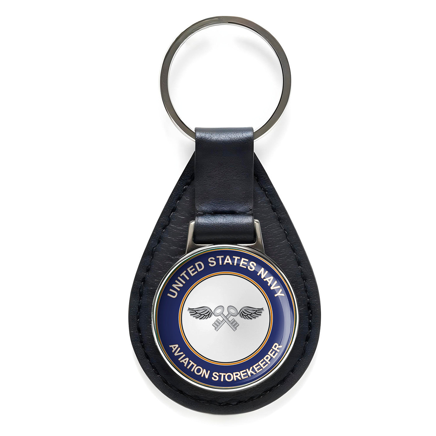 U.S. Navy Aviation Storekeeper Black Leather Keychain Silver Keyring Military