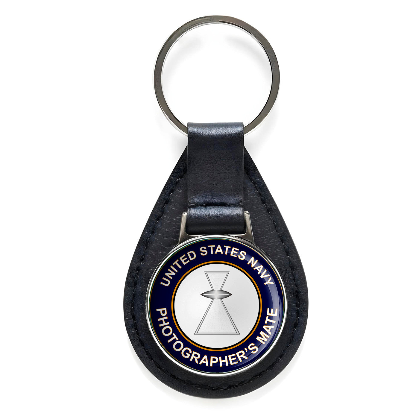 US Navy Photographer's Mate Black Leather Keychain Silver Keyring Military Gift