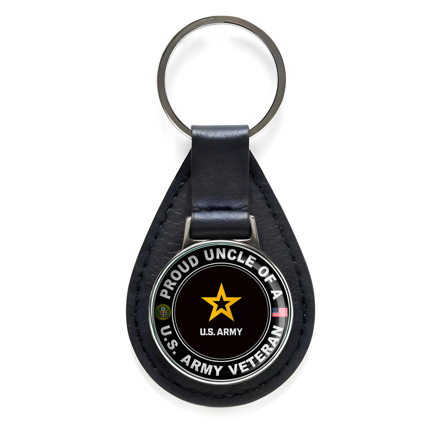 Proud Uncle Of A U.S. Army Veteran Black Leather Keychain Silver Keyring