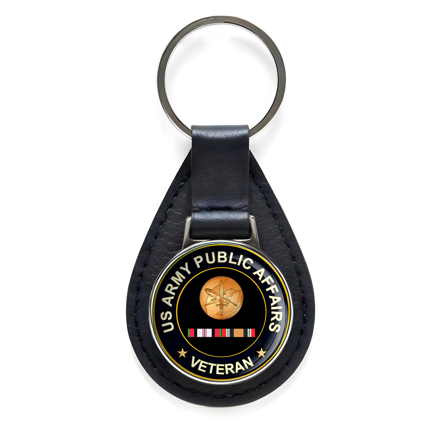 US Army Public Affairs Veteran Black Leather Keychain Silver Keyring
