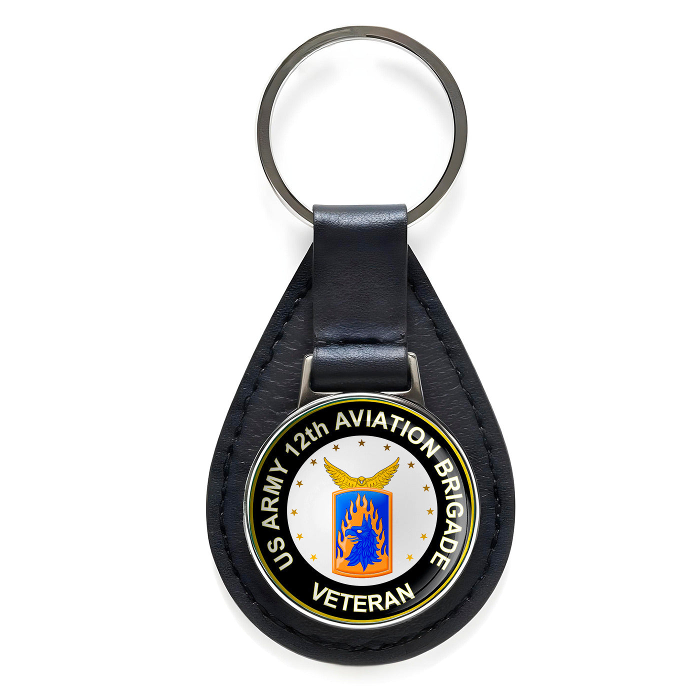 US Army 12th Aviation Brigade Veteran Black Leather Keychain Silver Keyring