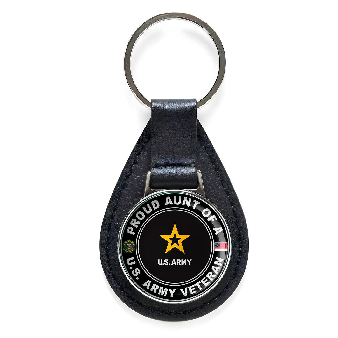 Proud Aunt of a United States Army Veteran Black Leather Keychain Silver Keyring