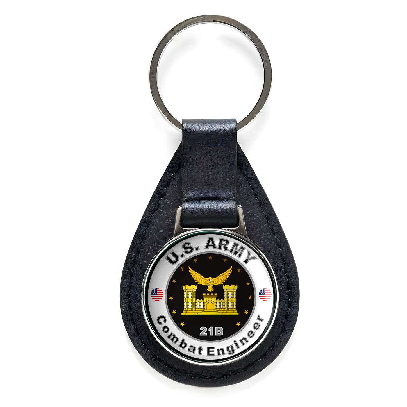 United States Army Combat Engineer Black Leather Keychain Silver Keyring