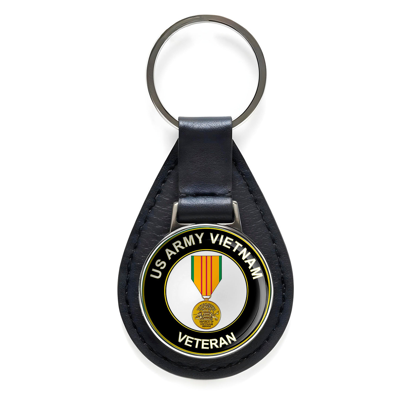 U.S. Army Vietnam Veteran Medal Black Leather Keychain Silver Keyring Military