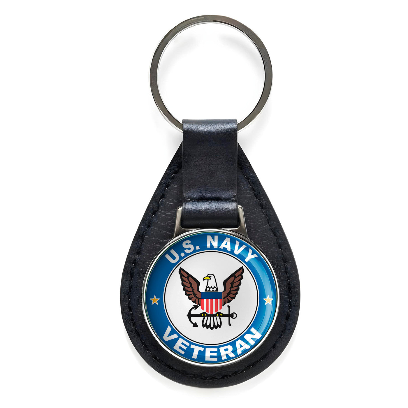 U.S. Navy Veteran Black Leather Keychain Silver Keyring Military Gift