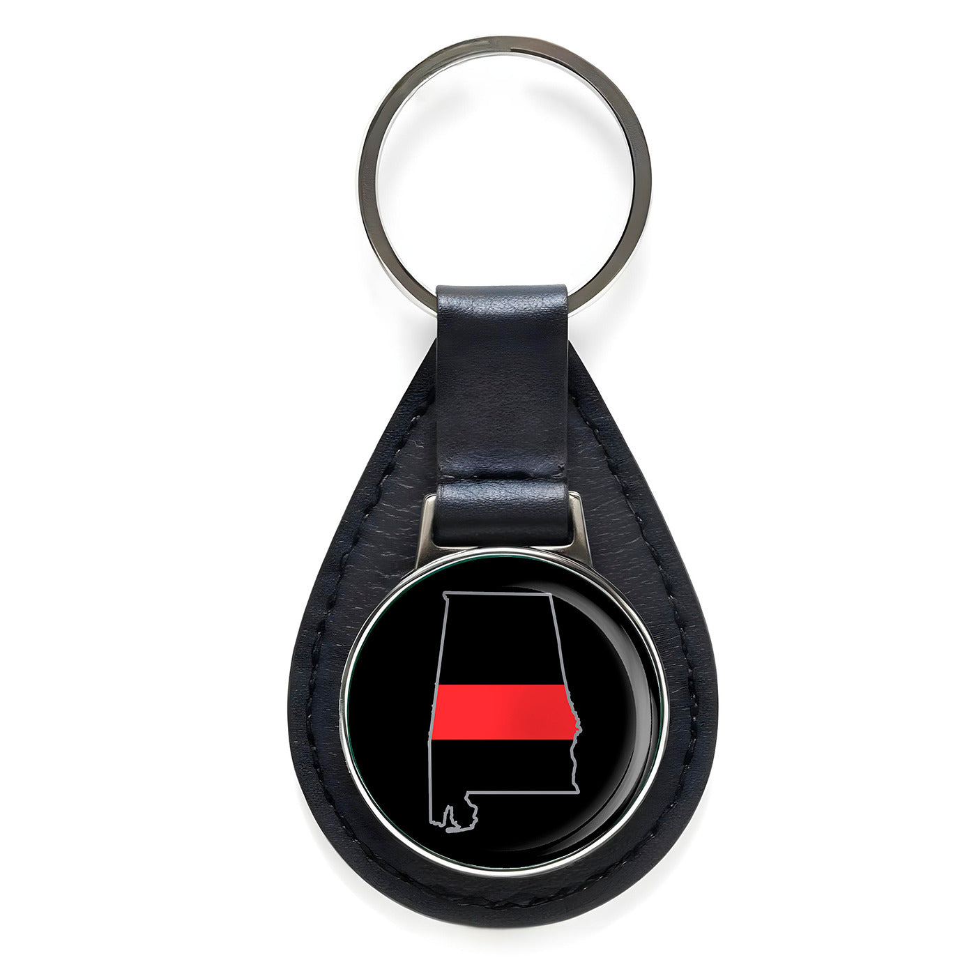 First Responder Thin Red Line Alabama Firefighter Black Leather Keychain Silver