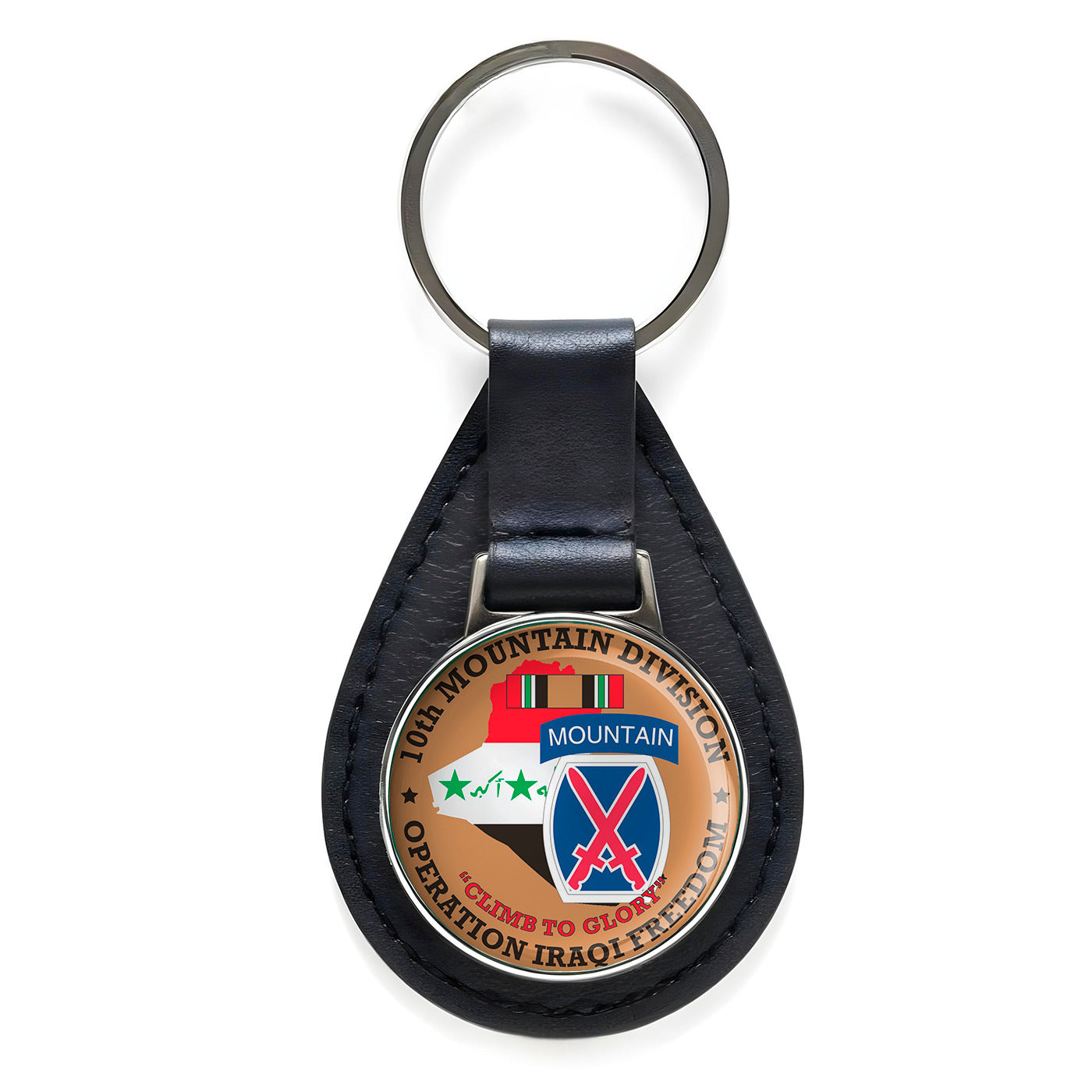 10th Mountain Division Operation Iraqi Freedom Leather Keychain Silver Keying