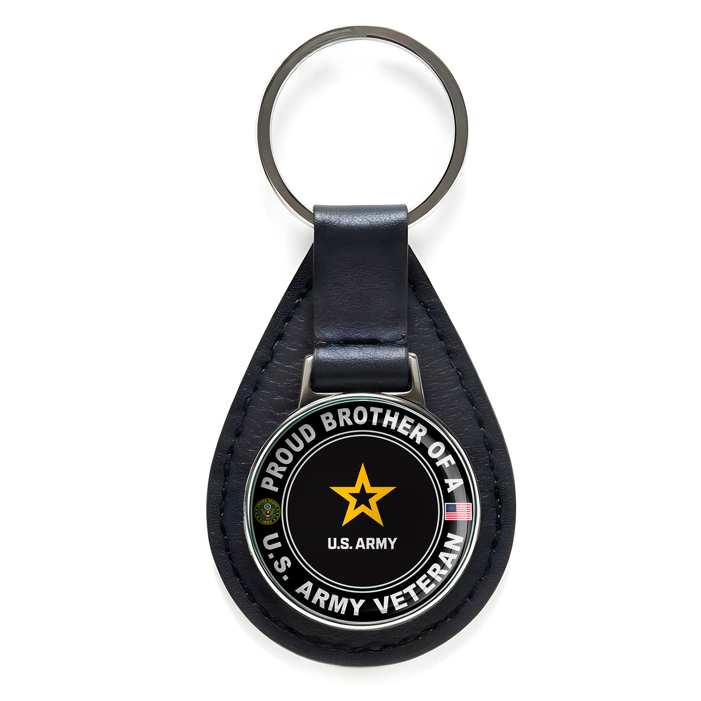 Proud Brother of a United States Army Veteran Leather Keychain Silver Keyring