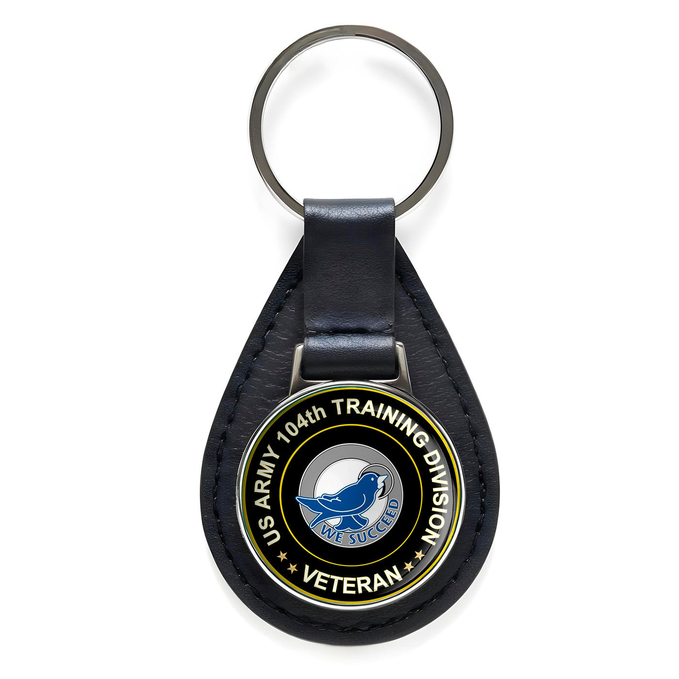 US Army 104th Training Division Veteran Black Leather Keychain Silver Keyring