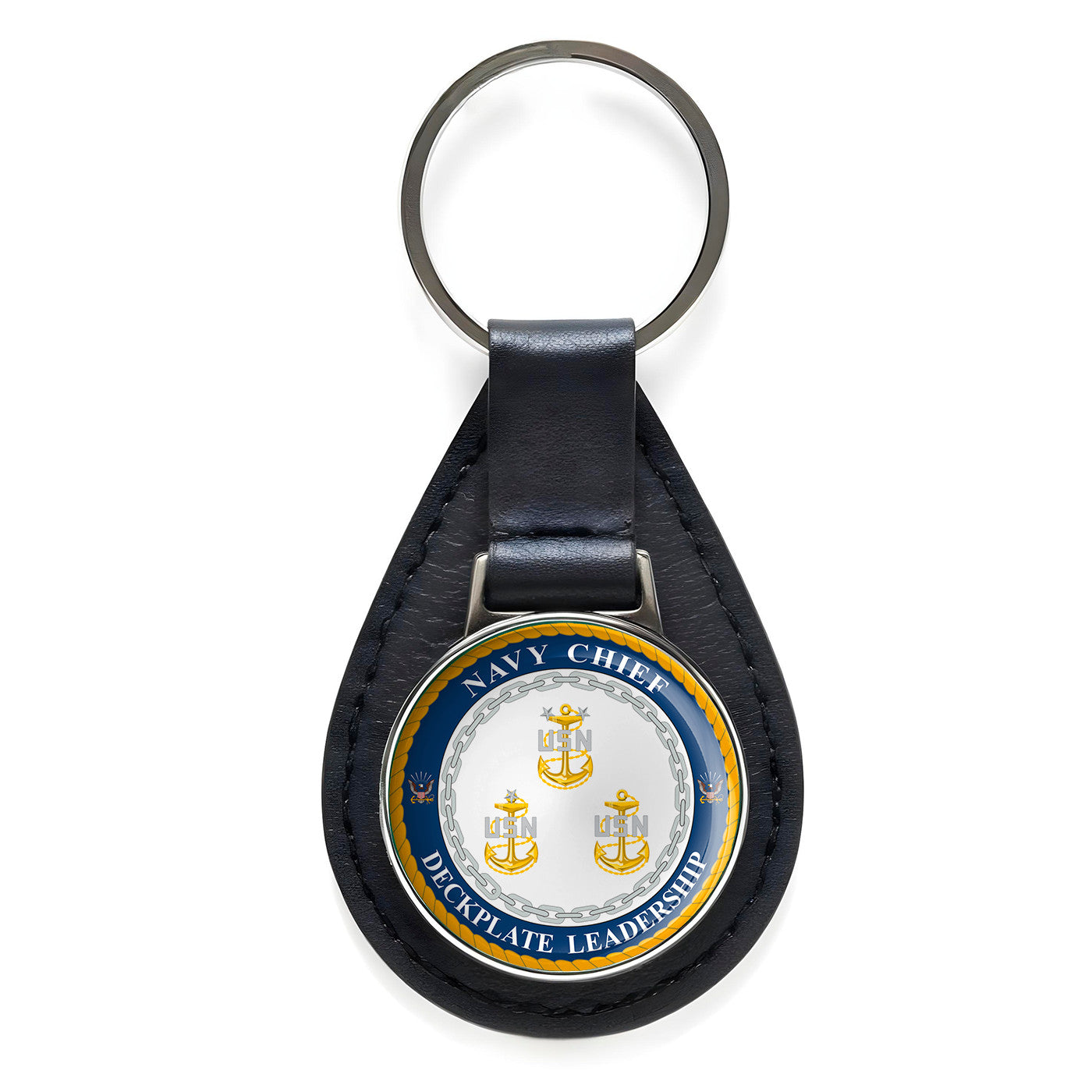 U.S. Navy Deckplate Leadership Black Leather Keychain Silver Keyring Military