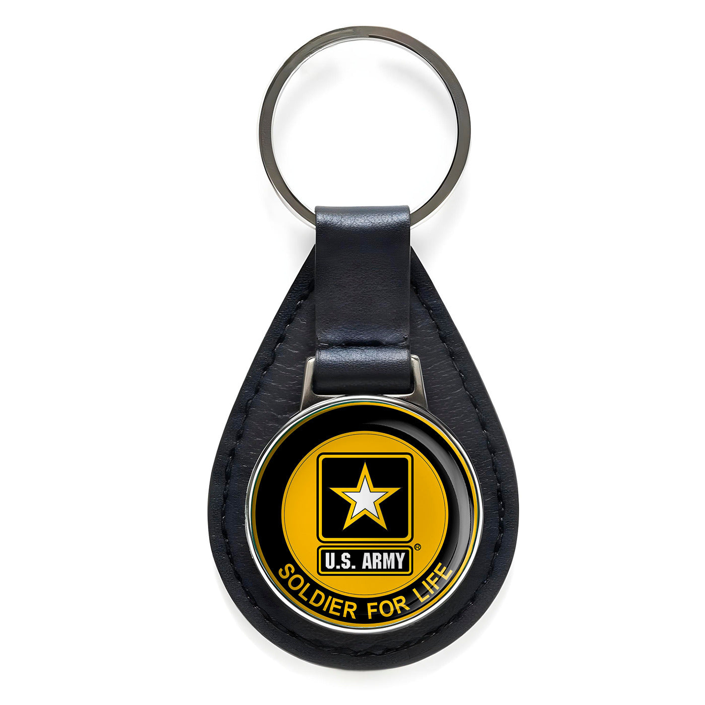 US Army Soldier for Life Black Leather Keychain Silver Keyring Military Gift