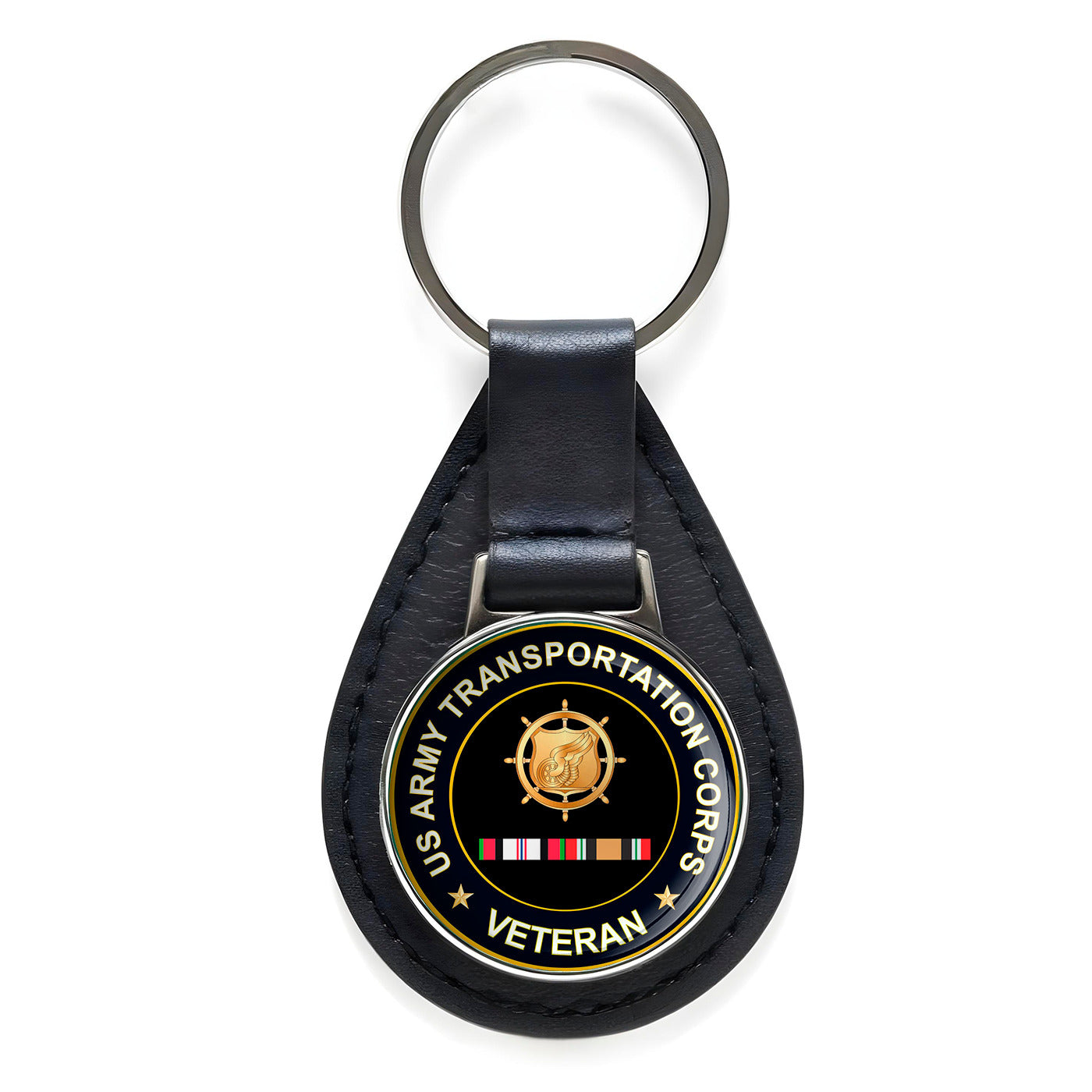 US Army Transportation Corps Veteran Black Leather Keychain Silver Keyring