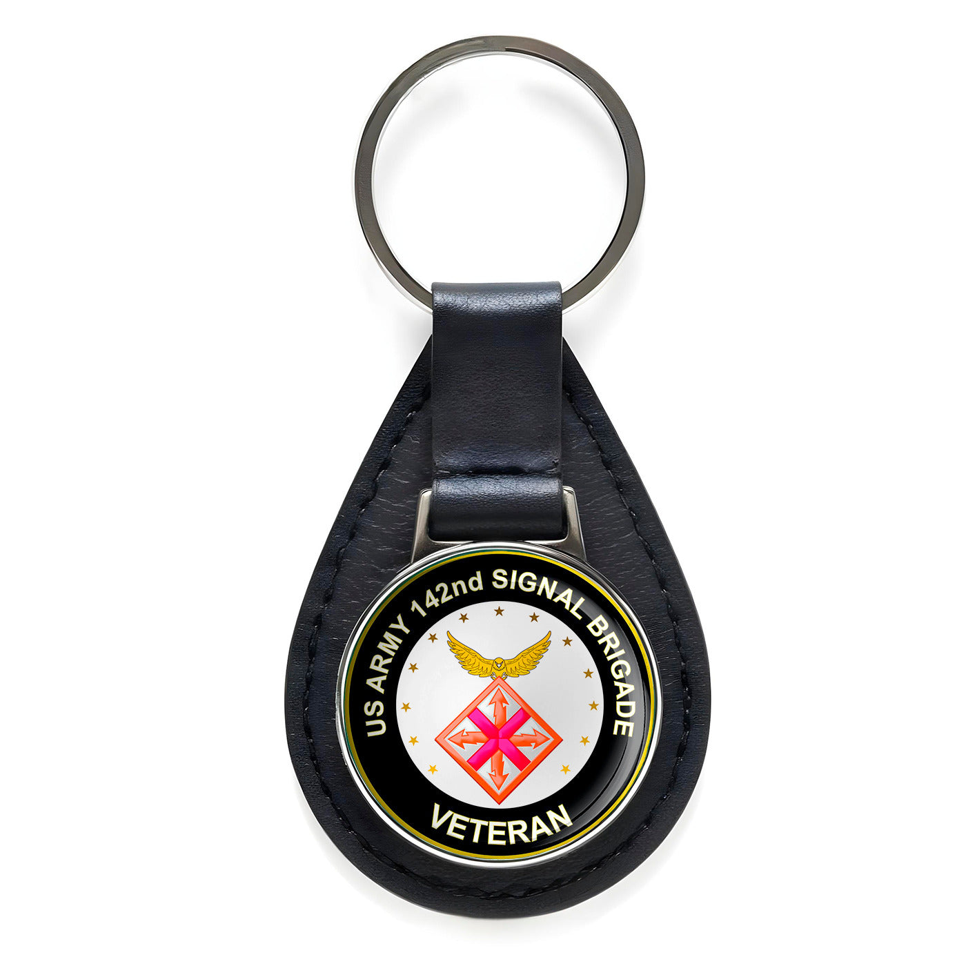 US Army 142nd Signal Brigade Veteran Black Leather Keychain Silver Keyring