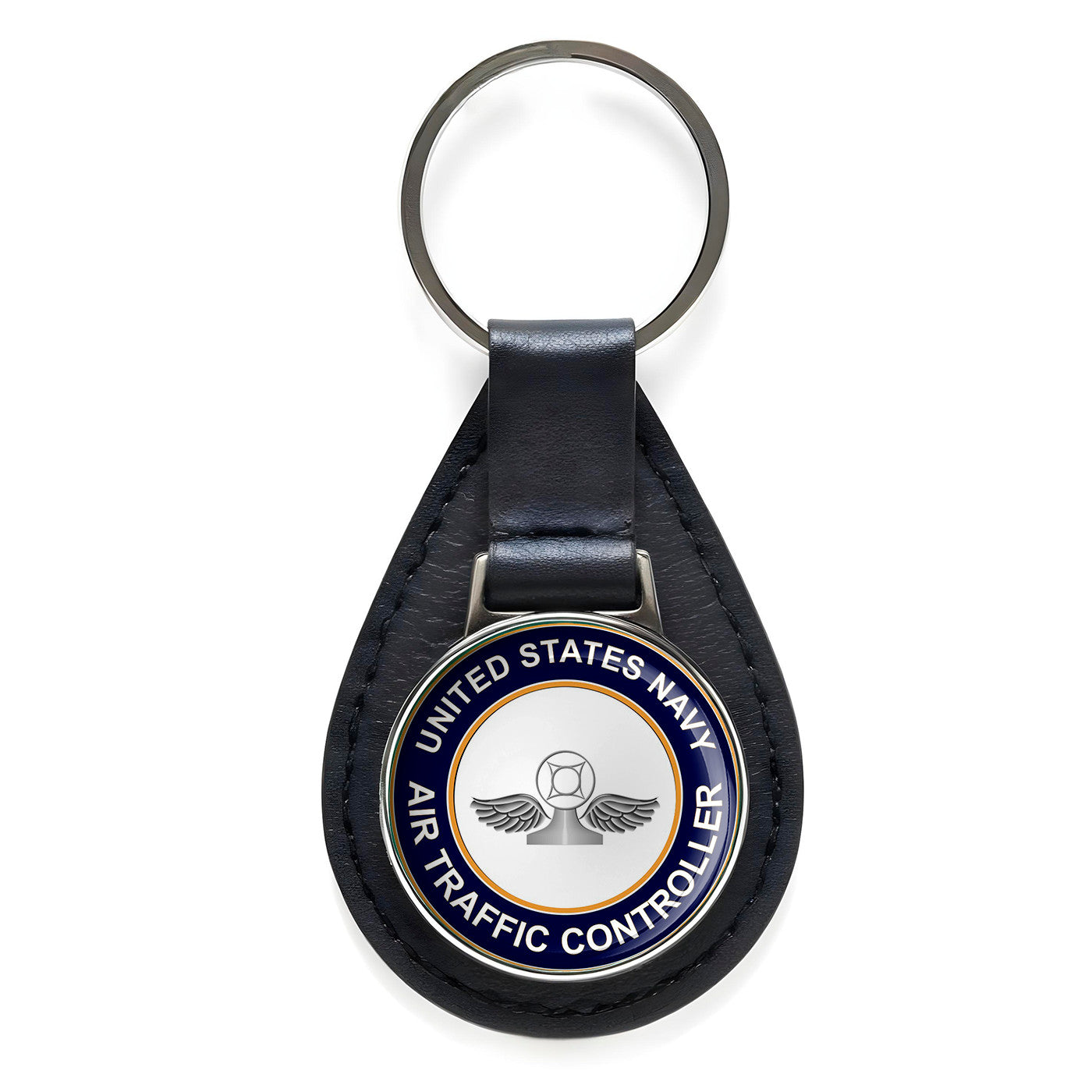 US Navy Air Traffic Controller AC Black Leather Keychain Silver Keyring Military