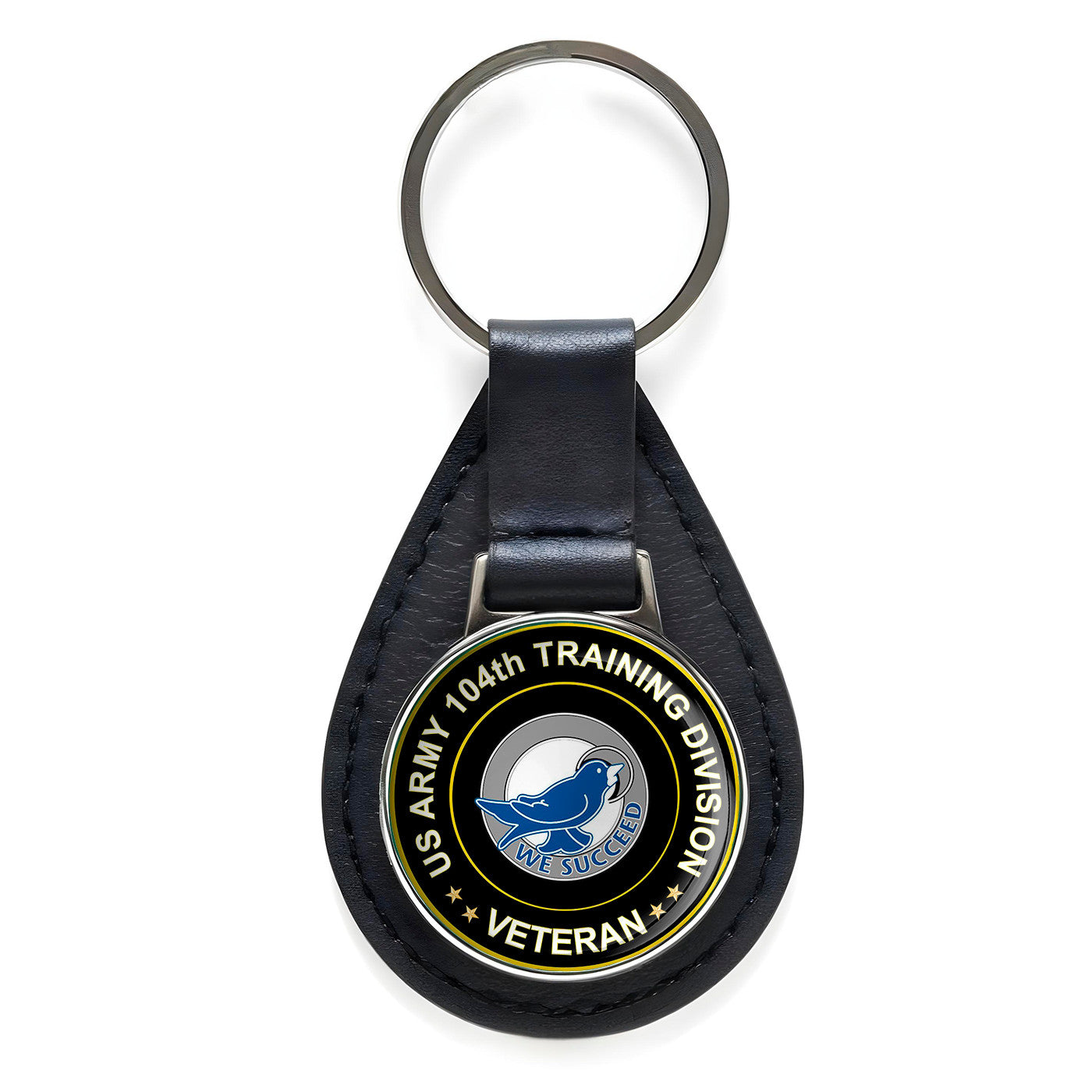 US Army 104th Training Division Veteran Black Leather Keychain Silver Keyring