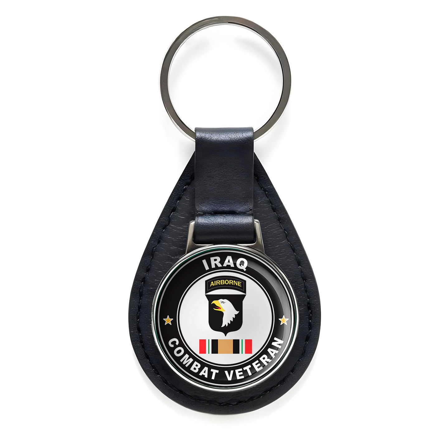 101st Airborne Division Iraq Combat Veteran Leather Keychain Silver Keyring