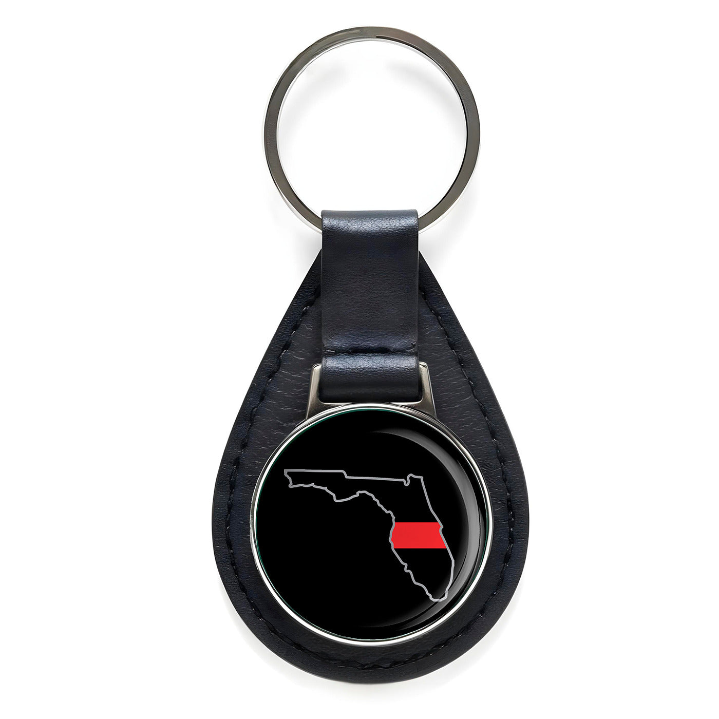 First Responder Thin Red Line Florida Firefighter Black Leather Keychain Silver
