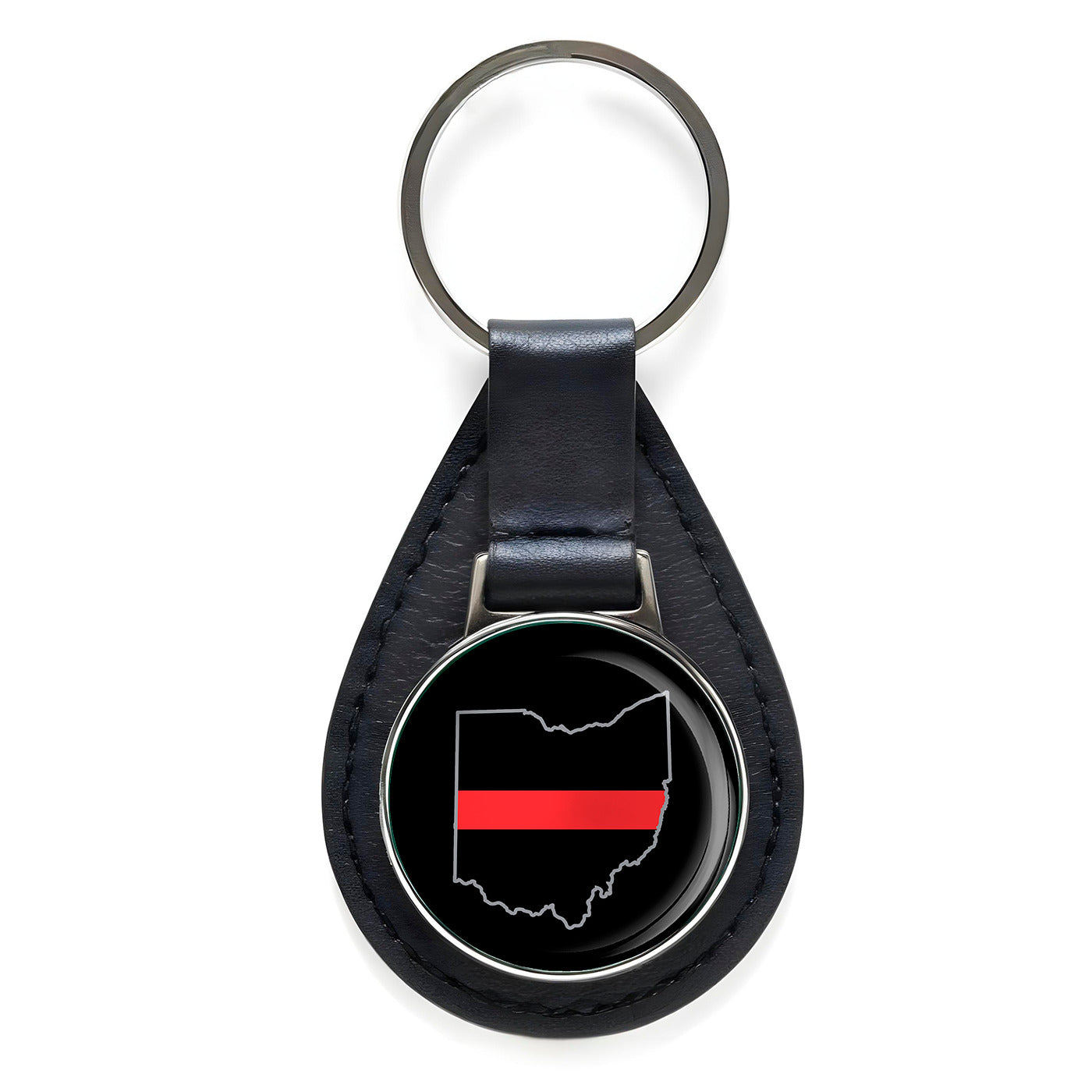 First Responder Thin Red Line Ohio Firefighter Black Leather Keychain Silver