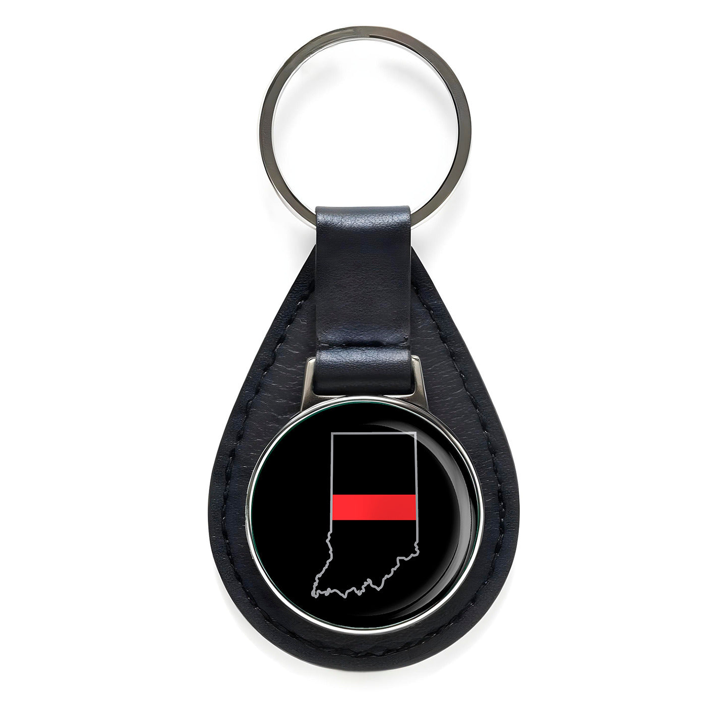 First Responder Thin Red Line Indiana Firefighter Black Leather Keychain Silver
