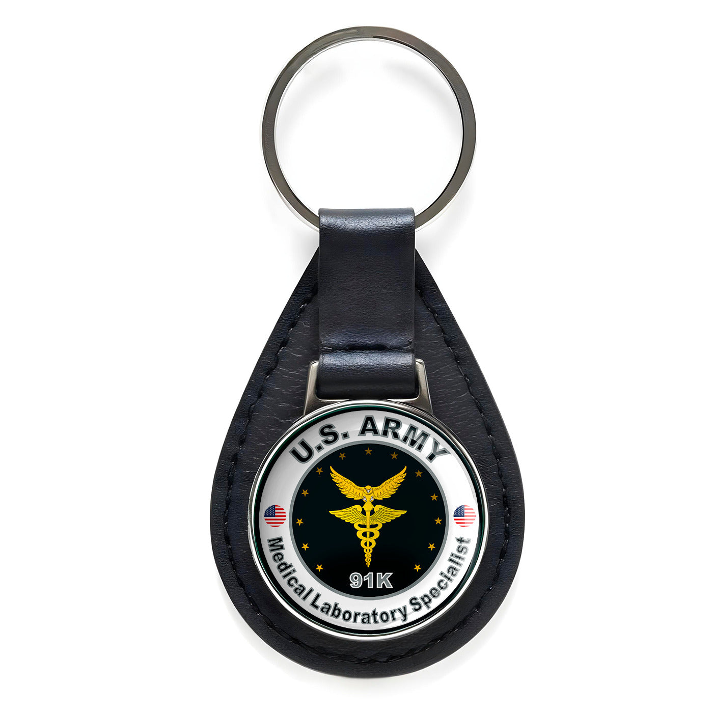 US Army Medical Laboratory Specialist Black Leather Keychain Silver Keyring