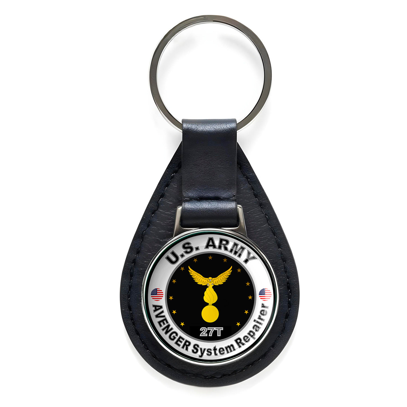 United States Army Avenger System Repairer Black Leather Keychain Silver Keyring