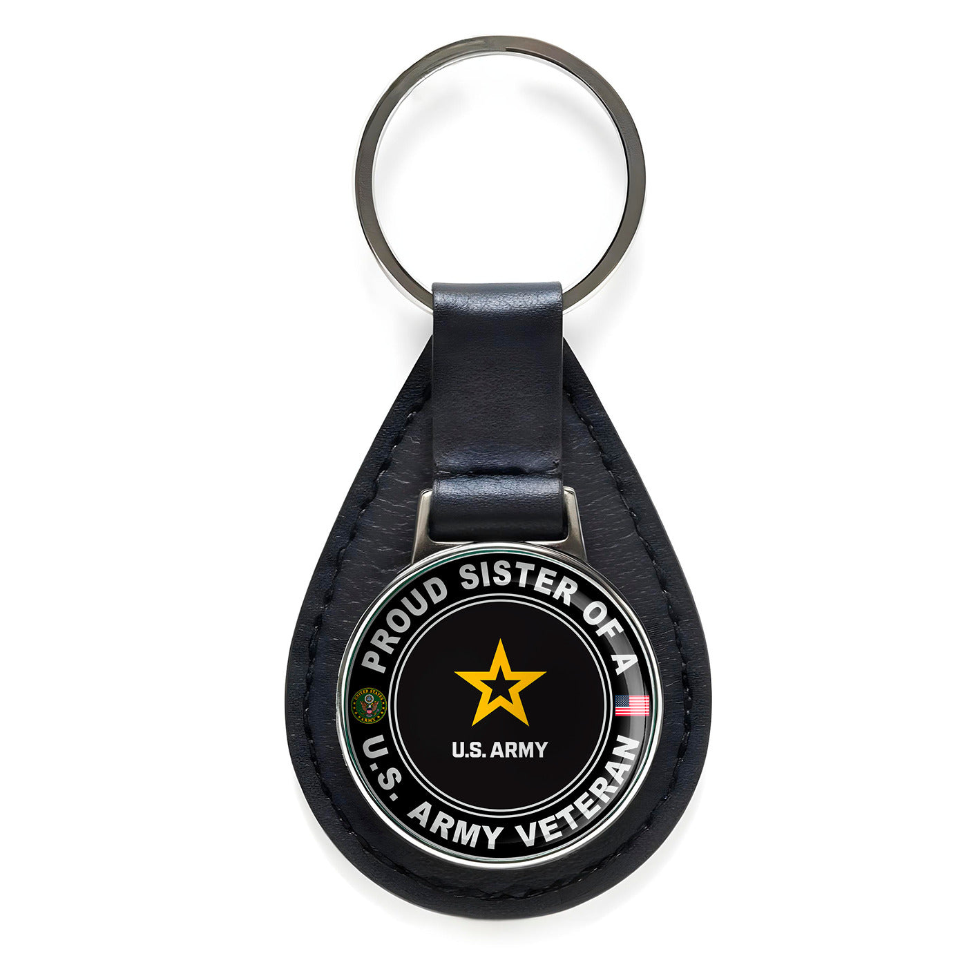 Proud Sister of a United States Army Veteran Leather Keychain Silver Keyring