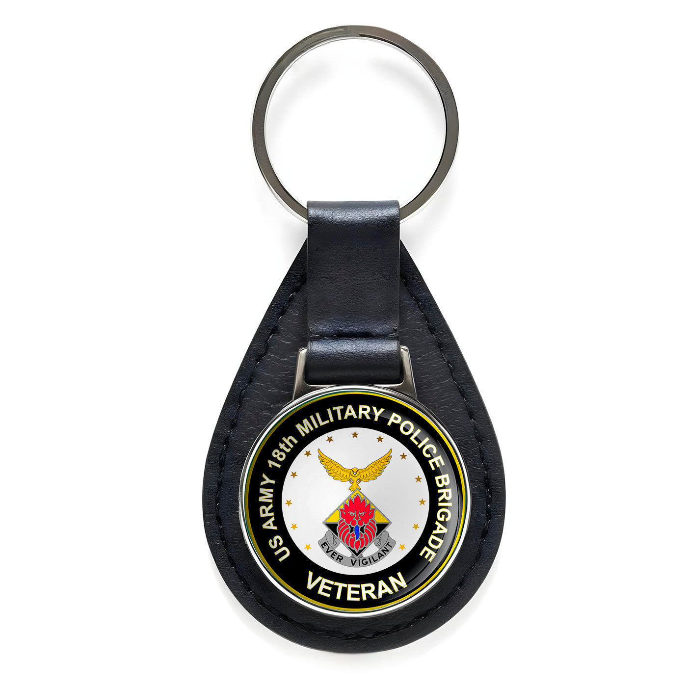 US Army 18th Military Police Brigade Veteran Leather Keychain Silver Keyring