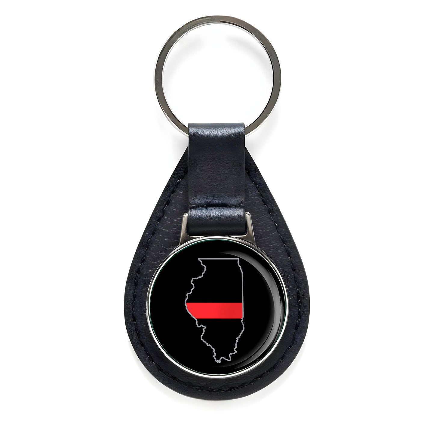 First Responder Thin Red Line Illinois Firefighter Black Leather Keychain Silver