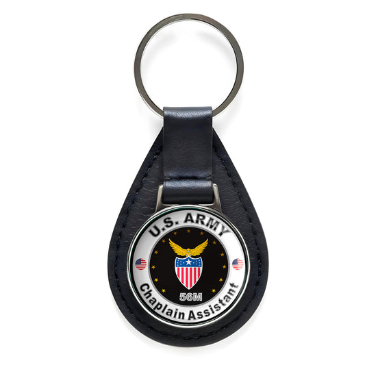 United States Army Chaplain Assistant Black Leather Keychain Silver Keyring
