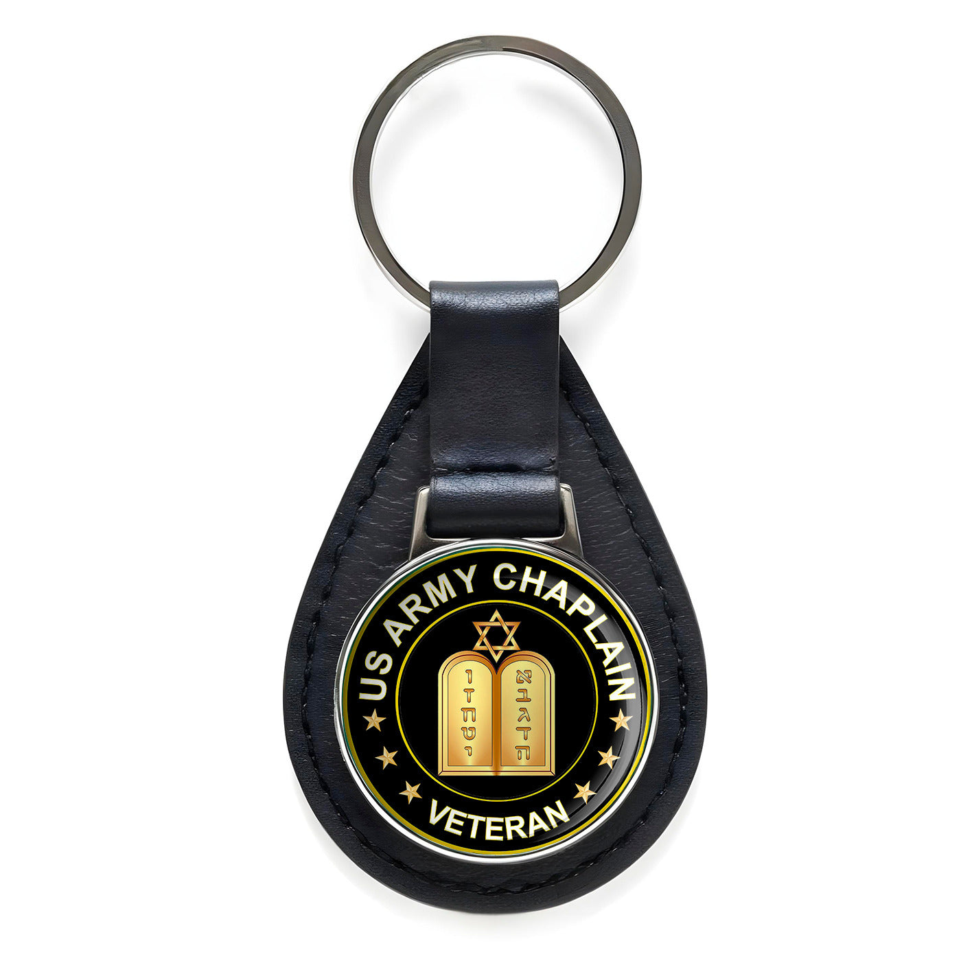 U.S Army Chaplain Veteran Black Leather Keychain Silver Keyring Military Gift