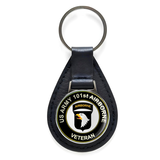 U.S. Army 101st Airborne Black Leather Keychain Silver Keyring Military Gift