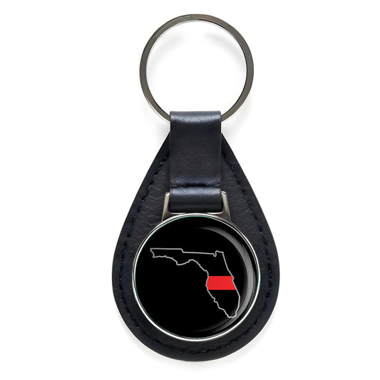 First Responder Thin Red Line Florida Firefighter Black Leather Keychain Silver