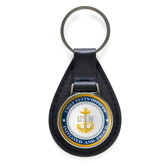 U.S. Navy CPO Initiated and Proud Black Leather Keychain Silver Keyring Military