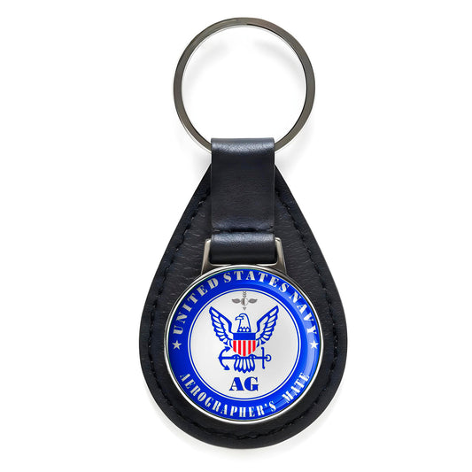 U.S. Navy Aerographer's Mate Black Leather Keychain Silver Keyring Military Gift