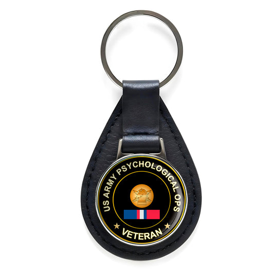 US Army Psychological Ops Veteran Black Leather Keychain Silver Keyring