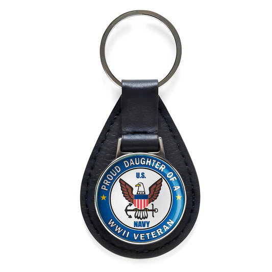 Proud Daughter of a U.S. Navy World War II Veteran Black Leather Keychain Silver