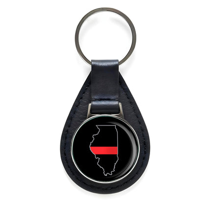 First Responder Thin Red Line Illinois Firefighter Black Leather Keychain Silver