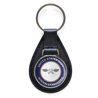 U.S. Navy Aviation Storekeeper Black Leather Keychain Silver Keyring Military