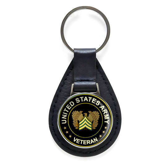 United States Army Veteran Black Leather Keychain Silver Keyring Military Gift