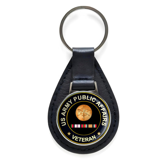 US Army Public Affairs Veteran Black Leather Keychain Silver Keyring