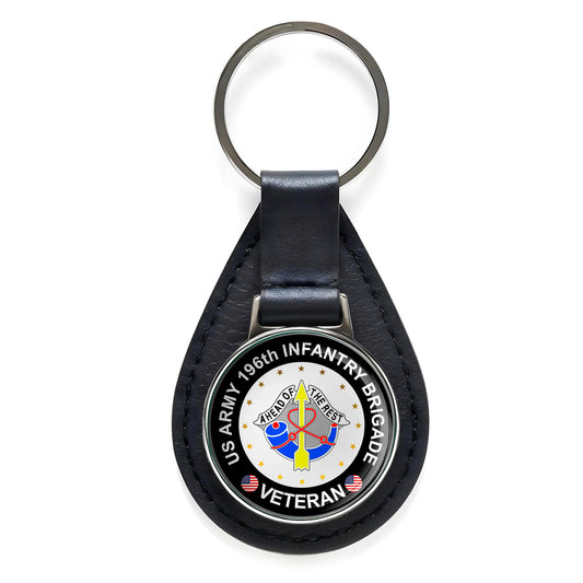 US Army 196th Infantry Brigade Veteran Black Leather Keychain Silver Keyring