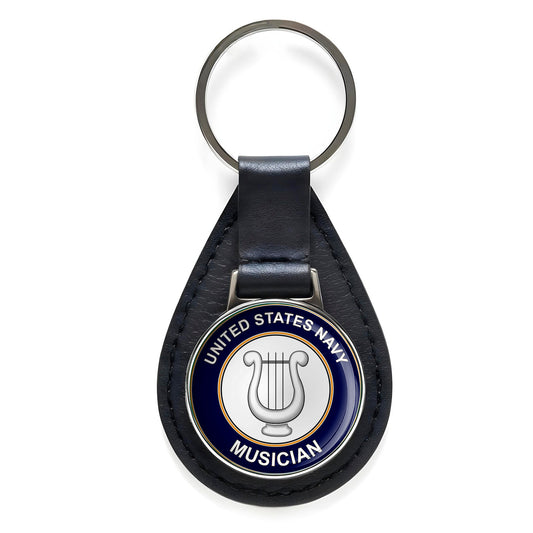 U.S. Navy Musician MU Black Leather Keychain Silver Keyring Military Gift