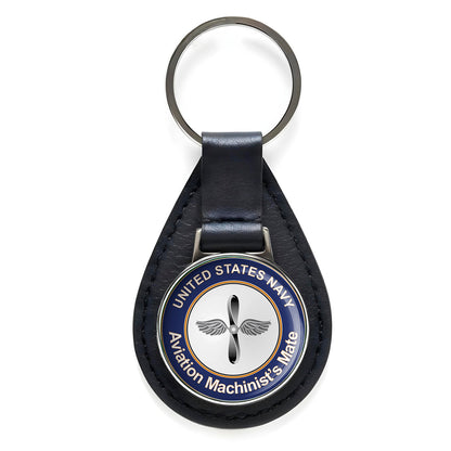 U.S. Navy Aviation Machinist's Mate Round Black Leather Keychain Silver Keyring