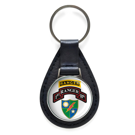 1st Ranger BN with 75th Ranger Regiment Insignia Leather Keychain Silver Keyring