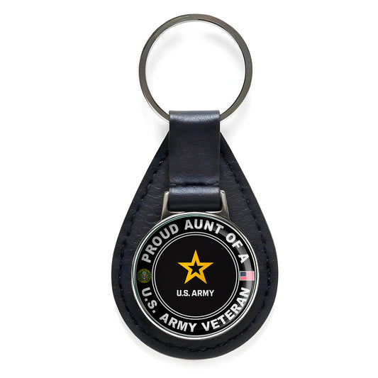 Proud Aunt of a United States Army Veteran Black Leather Keychain Silver Keyring