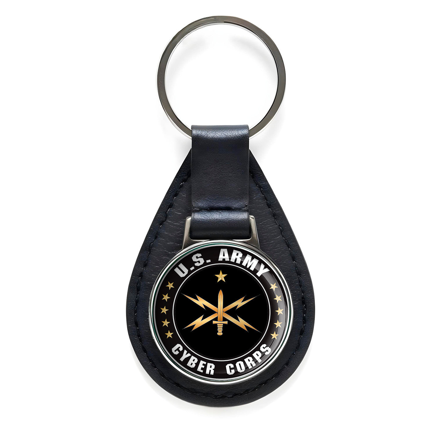 U.S. Army Cyber Corps Black Leather Keychain Silver Keyring Military Gift