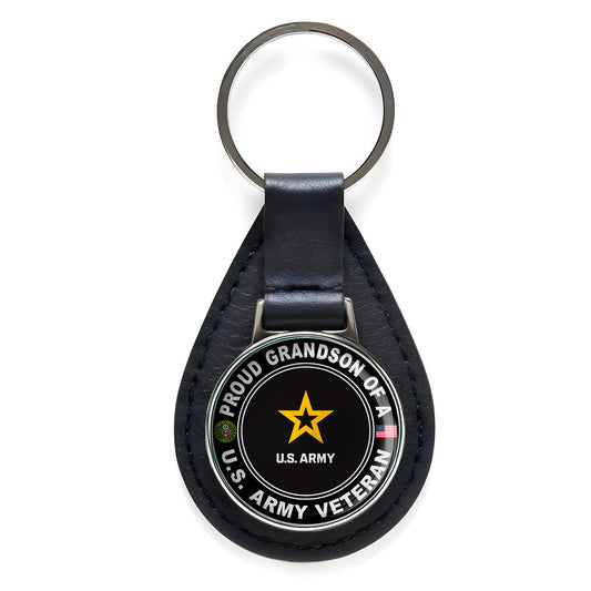 Proud Grandson of a United States Army Veteran Leather Keychain Silver Keyring