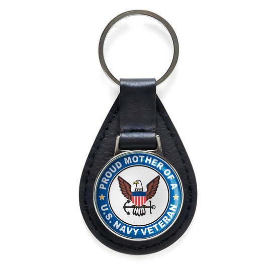 U.S. Navy Veteran Proud Mother Black Leather Keychain Silver Keyring Military