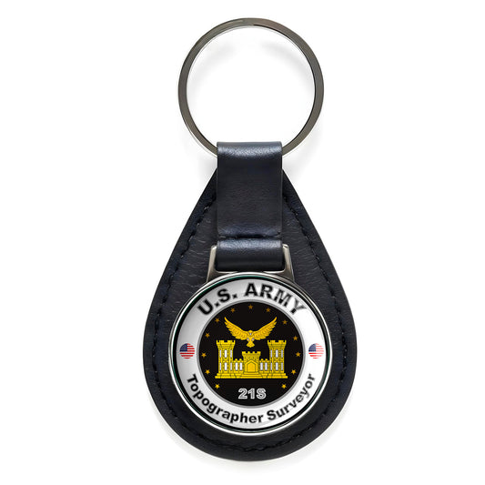 United States Army Topographer Surveyor Black Leather Keychain Silver Keyring