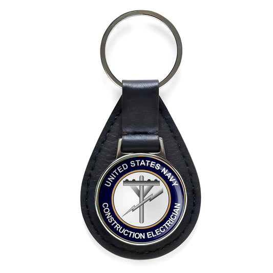 US Navy Construction Electrician Black Leather Keychain Silver Keyring Military